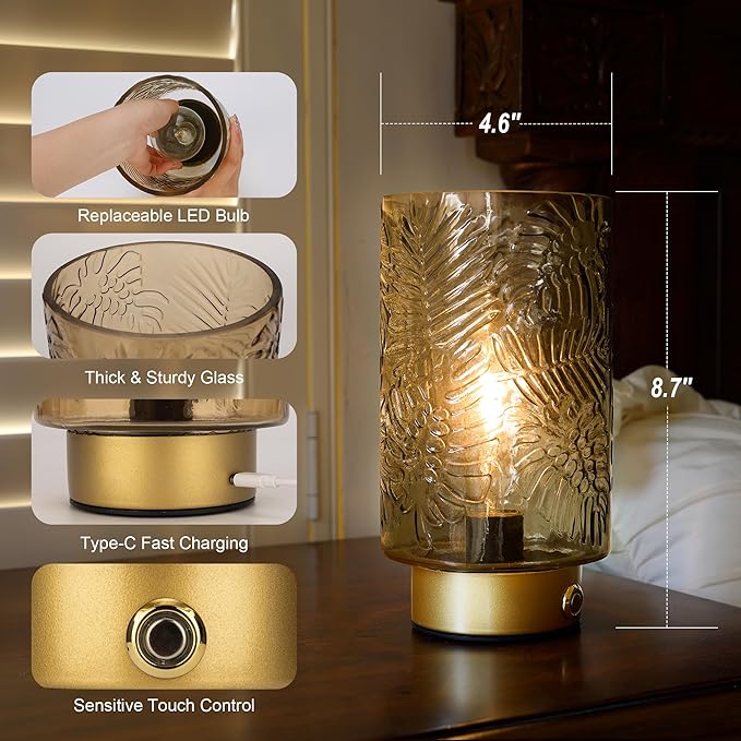 ULAROOM Cordless Lamps Rechargeable Battery Operated lamp,Glass Table Lamp Remote Control-Dimmable Brightness Touch Wireless Bedside Lamp for New Home Gift/Bedroom/Kitchen/Living Room Decor Amber