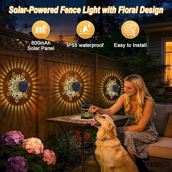 2 Pack Solar Fence Lights, Metal Solar Powered Outdoor Wall Lights with Flower Pattern,Waterproof Deck Step Lights for Garden Patio Backyard Decor, Unique Gardening Gifts for Women Mom Grandma