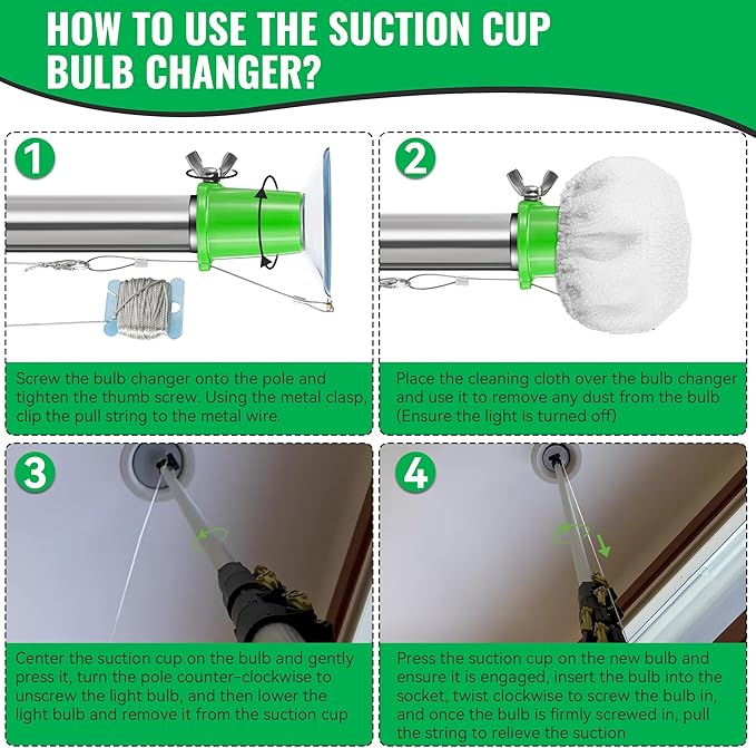 Dreyoo 4 Pieces Set Light Bulb Changer, Suction Cup and Cage Changer for Incandescent, Floodlight, Broken Bulb and Recessed Lights, Compatible with Standard Extension Pole, Pole Not Included(Green)