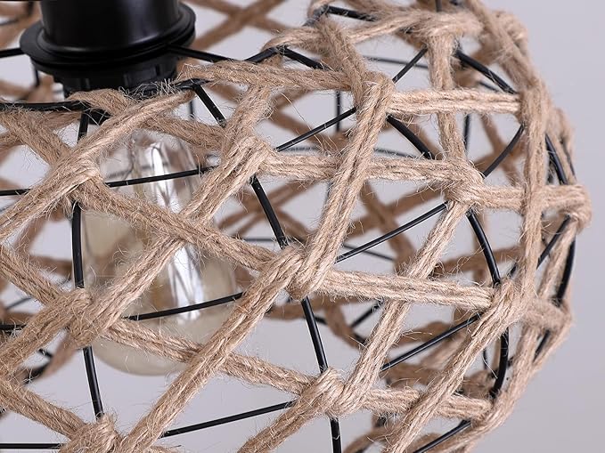 Coastal Woven Flush Mount Ceiling Light Fixture Boho Rustic Hemp Rope Round Cage Semi Flush Mount Ceiling Light for Hallway Kitchen Entry Bedroom Farmhouse Beach, Black