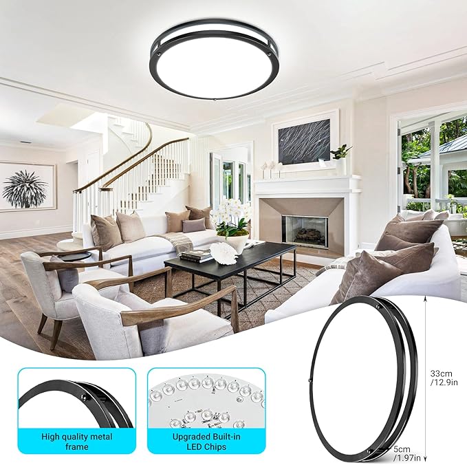 libtit 13 Inch LED Ceiling Lights with Remote for Bedroom Kitchen, 24W 2400lm Super Bright & Dimmable Flush Mount Light Fixtures, 2700K-6500K Adjustable Modern Lamps with Timer, Black