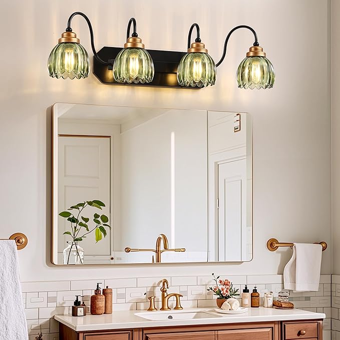 Vintage Bathroom Vanity Light, 4 Light Bathroom Lighting Fixtures Over Mirror, Mid Century Style Farmhouse Light Fixtures with Green Glass Shades, Black Finish Wall Mount for Bedroom , Living Room