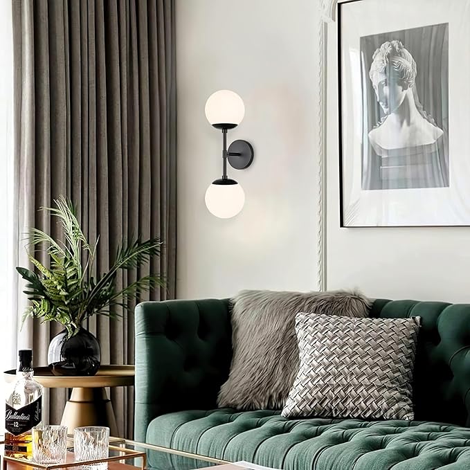 KoKo&Yukina Mid Century Modern Bathroom Matte Black Bathroom Vanity Light Fixtures Globe Sconce 2 Light Vanity Light Milky White Vanity Light Mid Century Wall Sconce