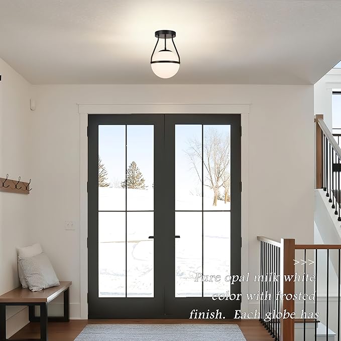Bagood Globe Semi Flush Mount Ceiling Light Mid Century Modern 6" Globe Ceiling Light Fixture with Milk Glass Shade Black Finish for Living Room Hallway Kitchen Island Dining Room Laundry (Bulb Incl.)