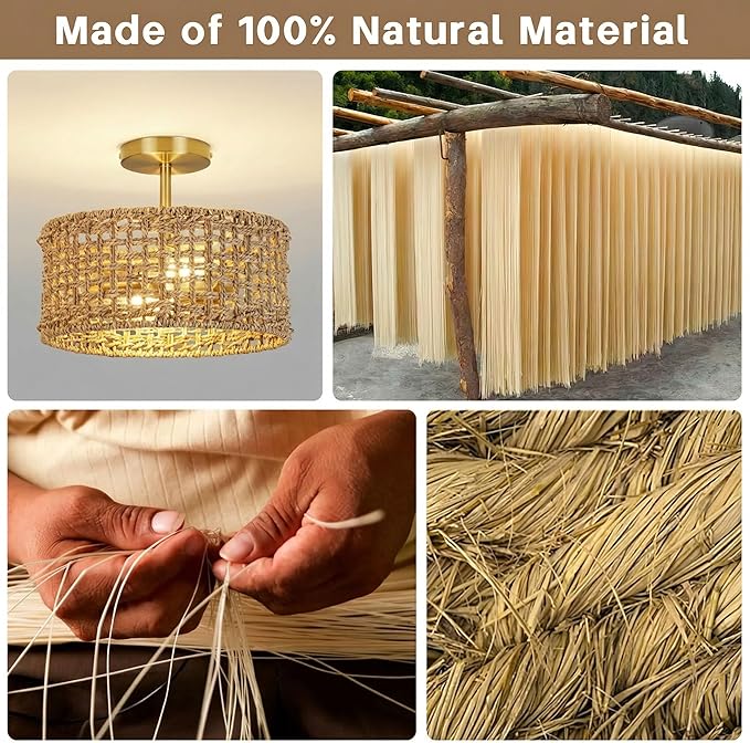 Boho Rattan Ceiling Light Fixture, 12.6" Woven Drum Flush Mount Light, Rustic Farmhouse Wicker Semi Flush Lighting for Bedroom, Kitchen, Living Room, Entryway, Hallway, Modern Coastal Lamp