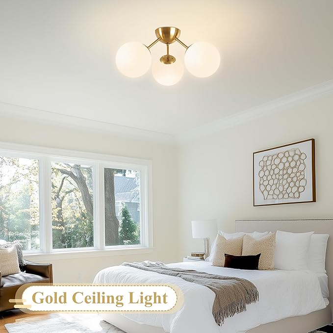 Mid-Century Modern Semi Flush Mount Ceiling Light 3 Lights Opal Glass Modern Globe Ceiling Light Gold Brass Sputnik Chandeliers for Hallway Entryway Kitchen Bedroom Laundry(Bulb Incl.)