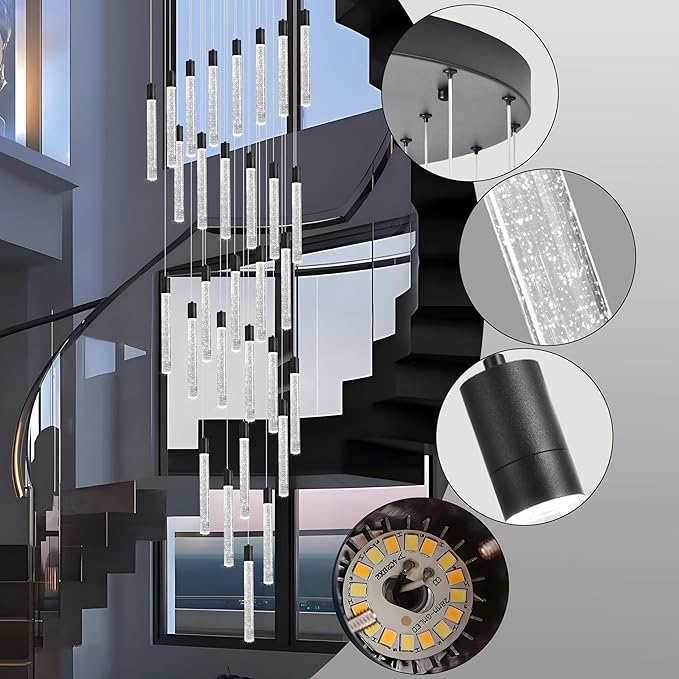 30-Light Black High Ceiling Chandeliers Modern Crystal Chandeliers for Entryway Long Spiral LED Dimmable Chandelier Flush Mount Ceiling Staircase Foyer Living Room Ceilings Light Fixture