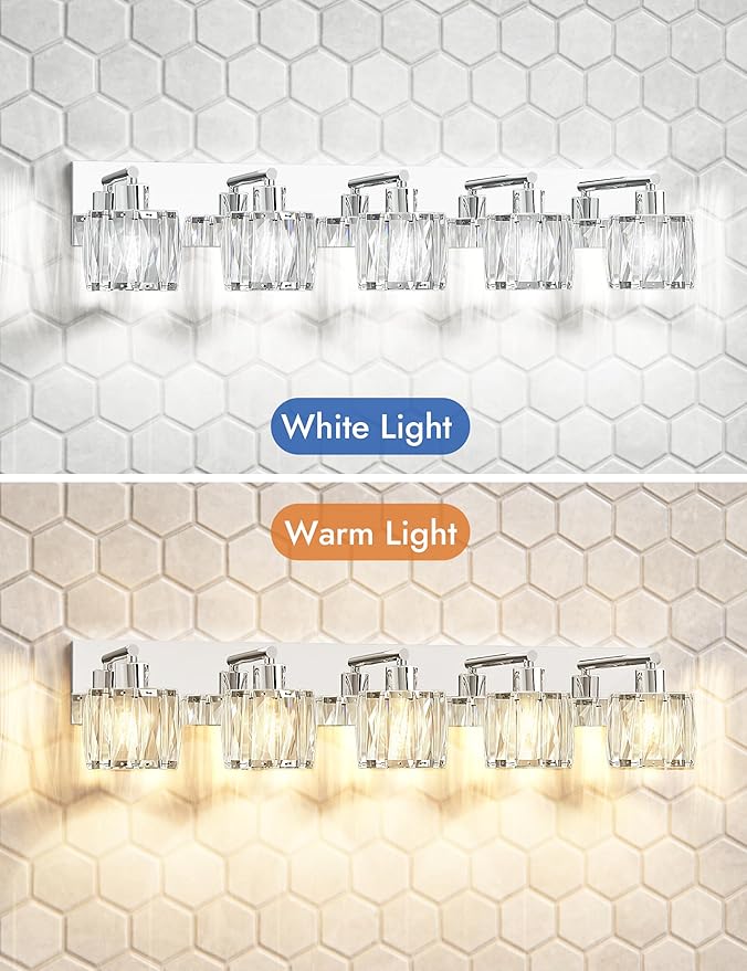 VOLISUN Crystal Vanity Lights for Bathroom, 5 Light Modern Stainless Steel Bathroom Light Fixtures Over Mirror, Chrome with Glass Lampshade - UL Certificated (Exclude Bulb)