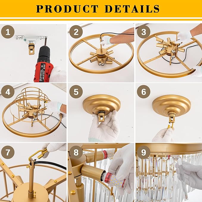 15.8" Gold Crystal Chandelier 6-Lights Crystal Round Pendant Lights 3-Tier Luxury Hanging Ceiling Light Fixture for Hallway Dining Room Living Room Bedroom Kitchen Island Stairway Entryway
