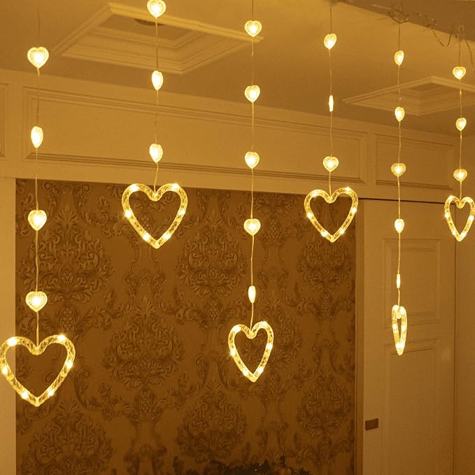 YOLIGHT Heart Curtain Lights, 9.8ft Valentine's Day Window Lights, USB Plug LED Hearts String Lights, Light up Heart Hanging Lights for Valentines Mother's Day Room Decoration (Warm White)