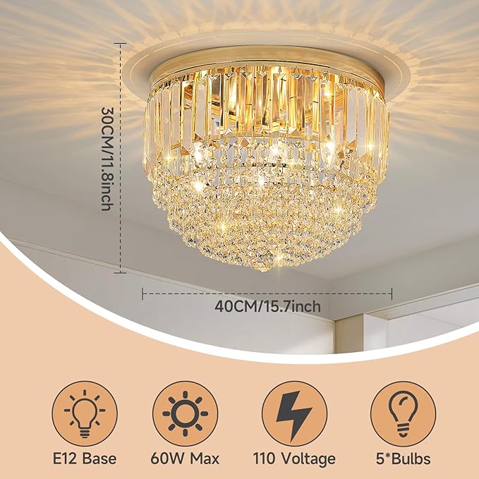 YMP&YZX Modern French Gold Crystal Chandelier Ceiling Light,15.7" Semi Flush Mount 5-Lights LED Crystal Round Chandelier Light E12 Base for Bedroom Living Room