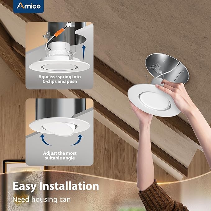 Amico 5/6 Inch Retrofit Eyeball Gimbal Can Lights 6 Pack, Metal Trim, 5CCT LED Recessed Lights Directional Angled Trim Adjustable Ceiling Downlight, 16W=150W, 1500 LM- ETL&FCC