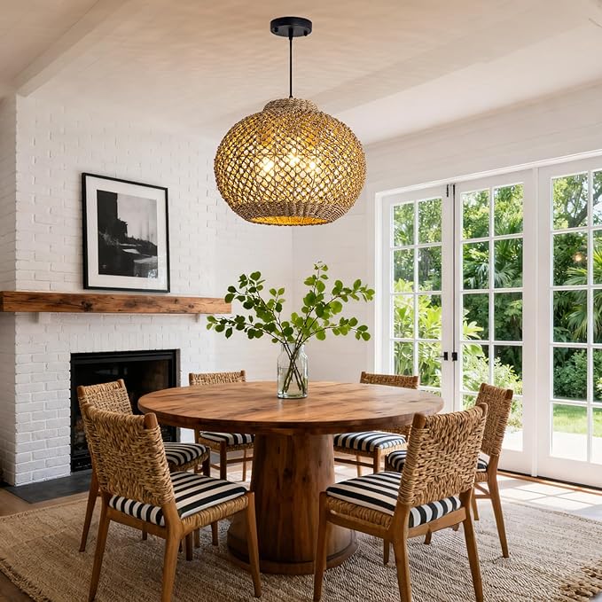 Farmhouse Rattan Chandelier 17” Boho Natural Seagrass Hanging Pendant Lights 3-Lights Hand-Woven Wicker Dining Room Light Fixture for Kitchen Island Entry Living Room Bedroom Hallway