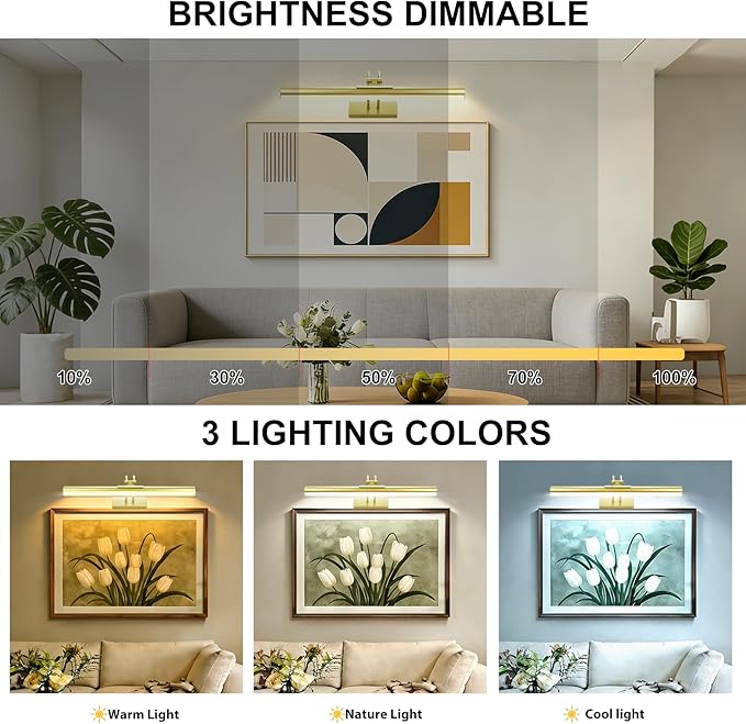 RAIFOOLLY Picture Light,Magnetic Wall Light,16inch Art Light,5000mAh Battery Accent Light with Remote Timer and Dimmable for Painting, Frame, Portrait, Artwork - Gold
