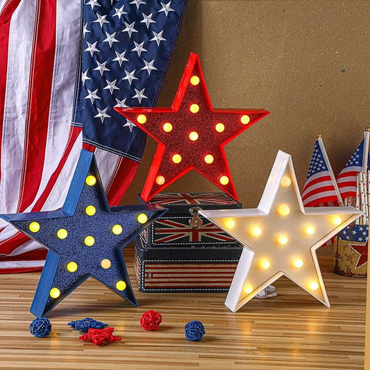 Tujoe 3 Pcs 4th of July Star Shaped Lights LED Independence Day Signs Red White and Blue Patriotic Star Centerpieces for Tables Indoor Outdoor 250th Independence Day Party Decorations(Glitter)