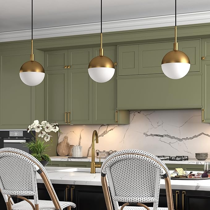 Henn&Hart 8" Modern Pendant Light Fixture with White Milk Glass Globe Shade and 8' Adjustable Cord for Kitchen Island, Dining Room or Game Room, Gold
