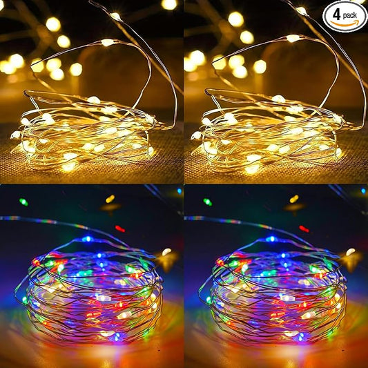 4-Pack 50 LED Fairy Lights Battery Operated with Timer, 16FT Starry String Lights Outdoor Indoor Mini Cuttable Lights Waterproof for Bedroom Wedding Birthday Christmas Parties (Warm White&Multi Color)