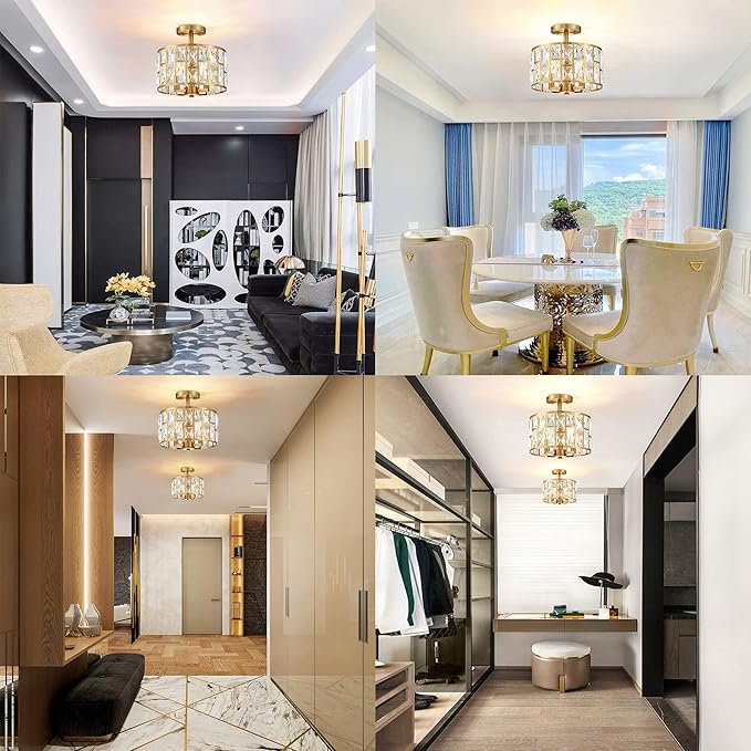 MEXO Gold Finish 3LT Crystal Semi Flush Mount Ceiling Light Fixture, Cylinder Drum Shade, Close to Ceiling, Perfect for Kitchen, Dining Room, Bedroom, Living Room, Entryway, Foyer