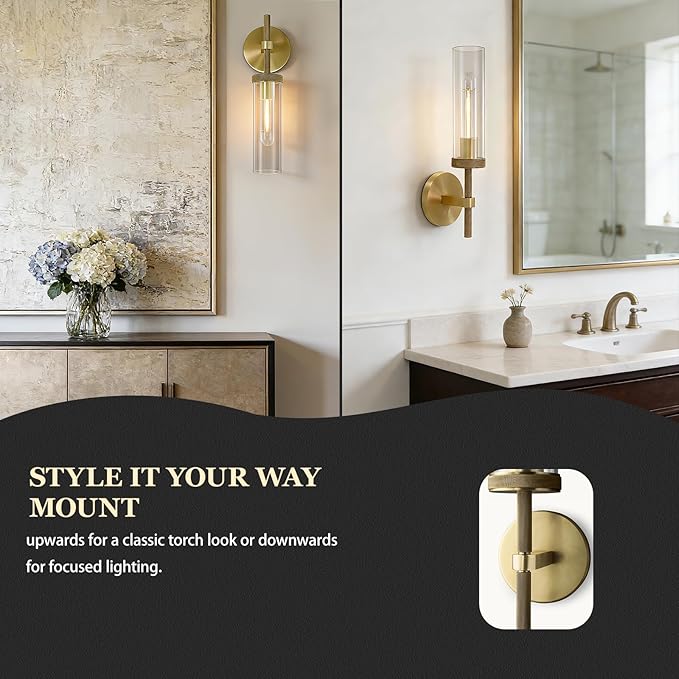 Brass Wall Sconces Lights Indoors, 14" Knurled Linear Sconce, Gold Bathroom Wall Sconces, Glass Tube Vanity Sconces Wall Lighting, Wall Lights for Mirror, Living Room, Bedroom, Hallway