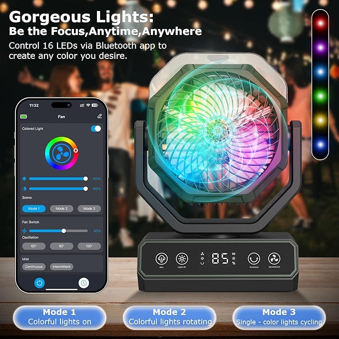 V JULES.V Portable Fan for Bedroom,40000mAh Rechargeable Desk Fan with Smart APP Remote Control,Misting Fan with RGB Lights,Timer,5 Speed Camping Fan for Travel,Tents,Beach,Office,Outdoor-Army Green