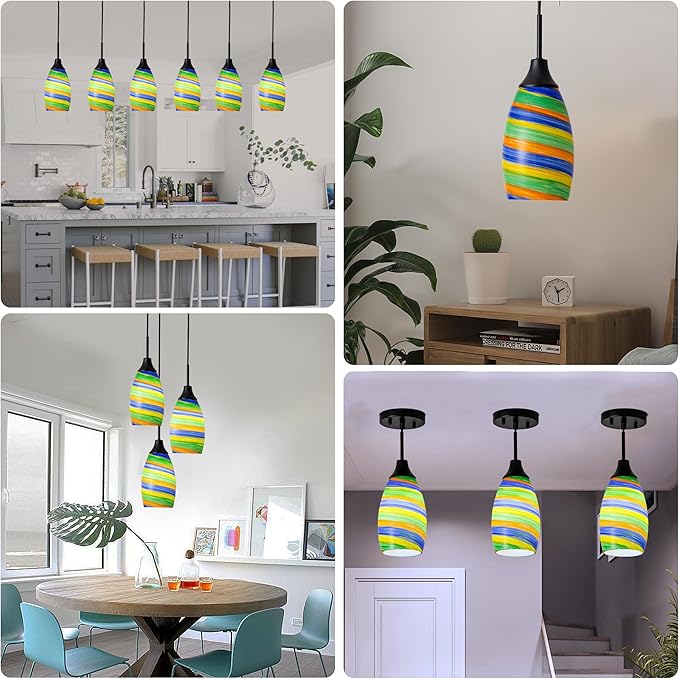 Viinew Mini Glass Pendant Light,4.72" Rainbow Hanging Lights 1-Pack Handblown Oval Rainbow Art Glass Hanging Pendant Light for Kitchen Island,Dining Room,Living,Foyer,Hallway, Entry