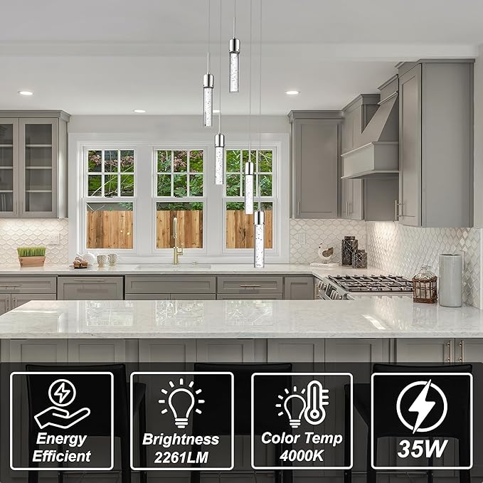 Vivio Lighting Modern Pendant Light Contemporary Ceiling Lights for Kitchen Island Bubble Crystal LED Adjustable Hanging Lights for Living Room Dining Room Entryway Chrome 4000K 5 Light