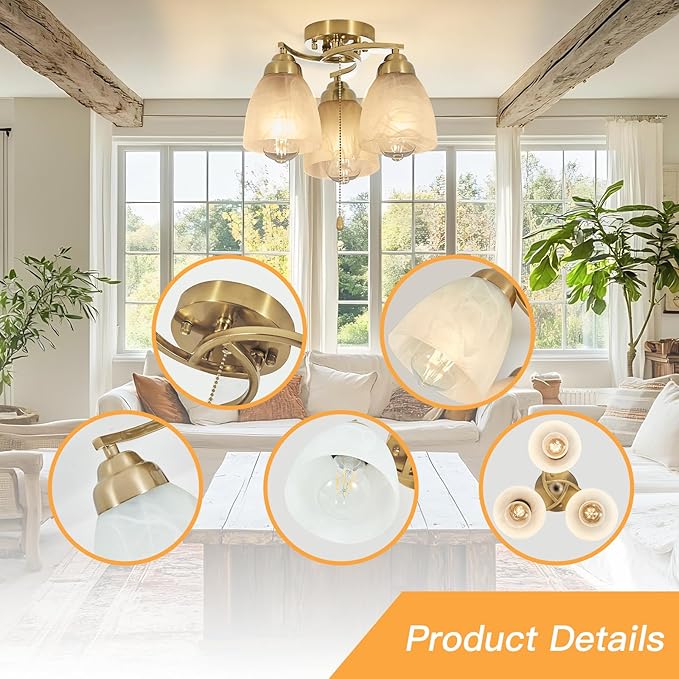 3-Light Flush Mount Ceiling Light with Pull Chain, Modern Golden Lighting Fixtures with Alabaster Glass for Kitchen Island Dining Room Bedroom Farmhouse Foyer Hallway