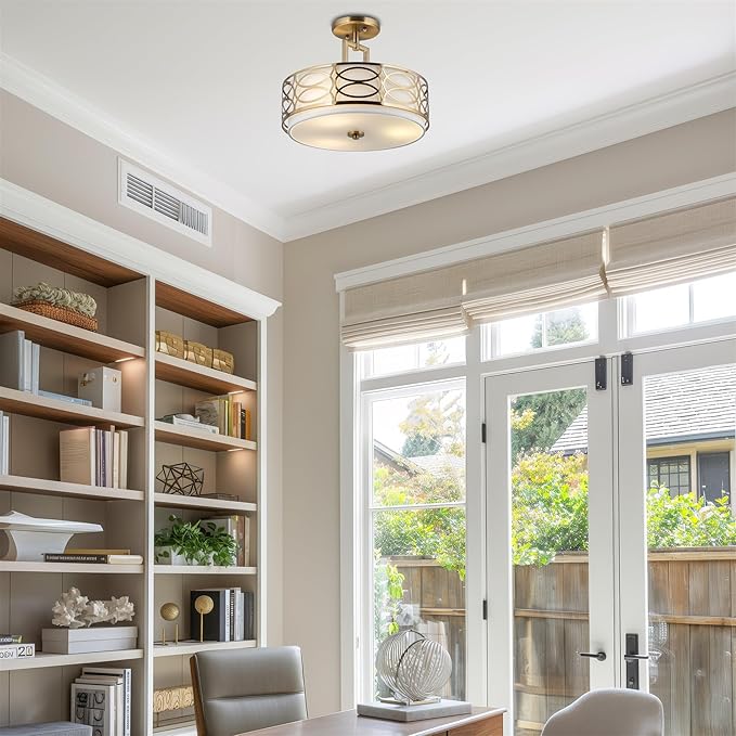 Kira Home Sienna 15" Modern Lattice Drum Gold Semi-Flush Mount, 3-Light Gold Ceiling Light with White Linen Shade & Glass Diffuser, Cool Brass Finish