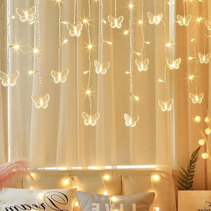 Curtain Butterfly String Light 20Ft 120LED Window USB Fairy Lights 24 Butterfly 8 Modes with Remote Control for Room Bedroom Patio Party Wedding Holiday Christmas Decoration (Warm White)