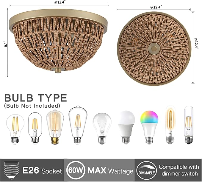 Gold Rattan Ceiling Light, 3 Light Boho Light Fixture with Drum Shape, Woven Flush Mount Ceiling Light for Entryway, Hallway, Bedroom, Kitchen