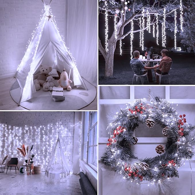 Minetom Fairy Lights Plug in, 10Feet 200LED Cluster String Lights, Silver Wire Waterproof Starry Firecracker Lights for Ceiling Bedroom Wreath Window Wedding Christmas Tree Decorations, Pure White