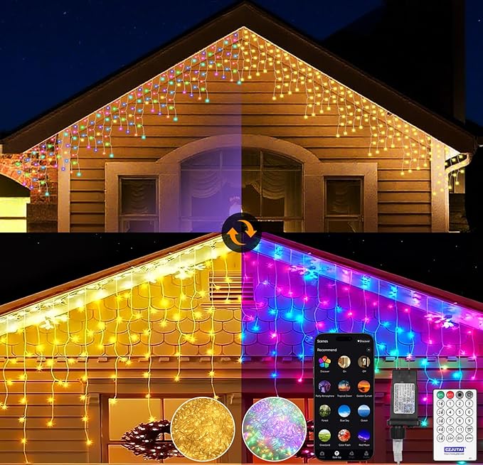 LED Icicle Lights for Outdoor Christmas Decorations,98Ft 1200 LEDs Color Changing Christmas Fairy Light,APP & Remote Control,8 Lighting Modes,Plug in RGB hanging Curtain Light for Xmas Party Wedding