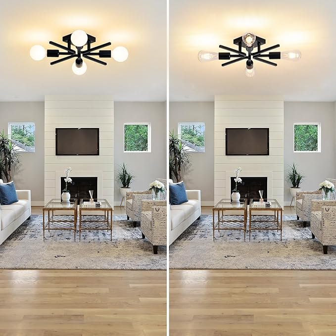 4-Light Sputnik Light Fixture Black Flush Mount Lights Industrial Semi Flush Lighting Fixtures Ceiling 19 inch Modern Farmhouse Ceiling Lights for Kitchen Bedroom Bathroom Foyer Hallway (E26)