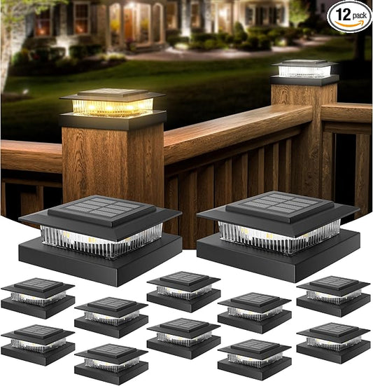APONUO Solar Post Cap Lights for 4x4 Fence Posts, IP64 Waterproof Outdoor LED Deck Lights with 2 Modes (Warm White & Cool White), Auto On/Off Dusk to Dawn, Easy Install, Black, 12 Pack