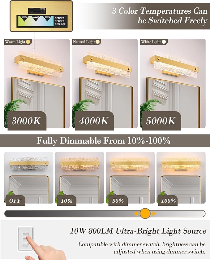 Brushe Gold Bathroom Vanity Light, 16.5 Inch 10W Dimmable LED Bathroom Light Fixture Over Mirror, Modern Crystal Bar Bath Wall Sconce for Bath, 3CCT, OS-MM5001-2BG