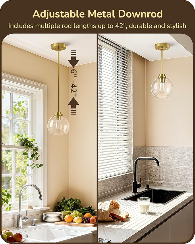 EDISHINE Pendant Lights Kitchen Island, Modern Gold Hanging Light Fixture with Clear Glass Globe Shade, Hardwired Adjustable Metal Rod for Dining Room, Entryway, 1 Pack