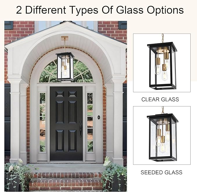 TODOLUZ 3-Lights Large Outdoor Pendant Light, Waterproof Exterior Height Adjustable Hanging Lighting with Seeded Glass Panel & E26 Bulb Base, Modern Porch Ceiling Lamp for Porch Patio Garden