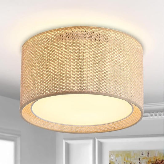 Boho Light Fixtures,12.6" Flush Mount Ceiling Lights Drum Light Fixture with Double Shade,3-Lights Close to Ceiling Lamps for Bedroom Living Room Dining Room Hallway Entryway Kitchen