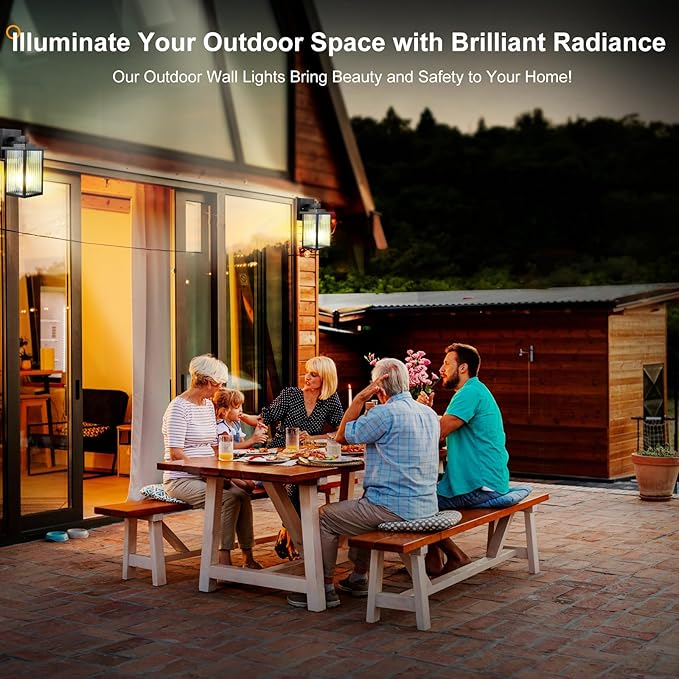 2 Pack Modern Farmhouse Outdoor Wall Lights,IP65 Waterproof & All-Metal Build,Textured Tempered Glass for Soft, Elegant Glow for Porch, Garage, Front Door