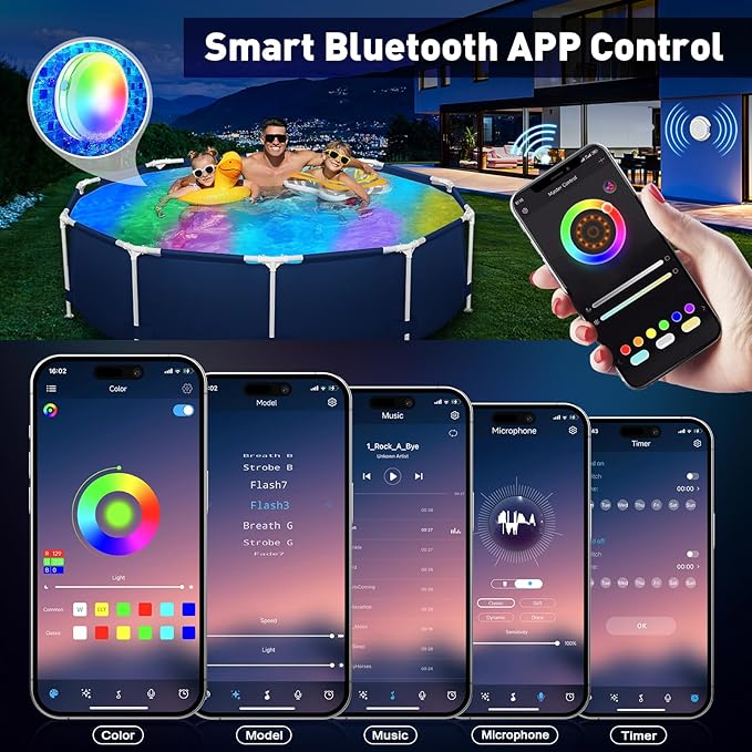 Smart Magnetic Underwater LED Light for Aboveground/Inground Pools - Rechargeable, BT APP Control, IP68 Waterproof, Color Changing, Sound/Music Sync Pool Accessories