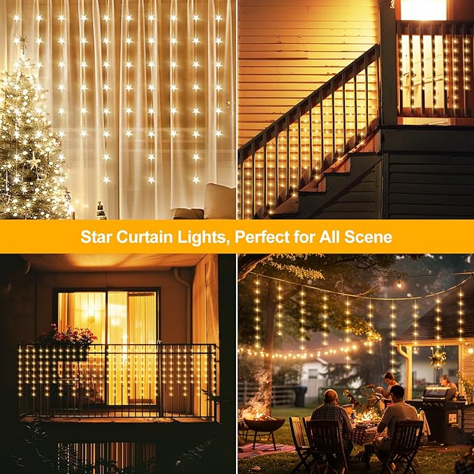 Star Curtain Lights Hanging Star Light for Window 140 Stars String Lights for Wall Décor USB Plug in 8 Modes Twinkle Fairy Lights for Christmas, Bedroom, Indoor, Outdoor, Weddings, Party (Warm White)