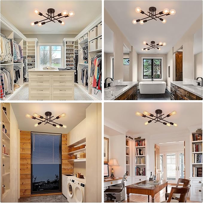 Industrial 6-Light Semi Flush Mount Ceiling Light Fixture, Oil Rubbed Bronze Modern Ceiling Lights, Rustic Sputnik Ceilings Lamp for Living Room Hallway Foyer Entryway