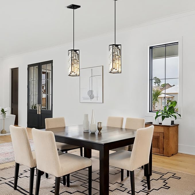 Black Pendant Lights Kitchen Island 2 Pack, Mini Crystal Chandeliers, Modern Pendant Lights Ceiling Lighting Fixtures for Kitchen Island, Dinning Room, Bedroom