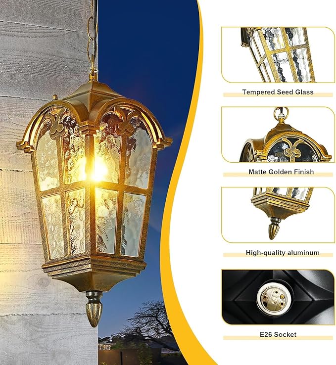 Gold Outdoor Pendant Light for Porch Patio Garden Yard, Anti-Rust Aluminium Exterior Hanging Light Fixtures, Outside Vintage Hanging Ceiling Outdoor Pendant Lamp Height Adjustable, 2pack