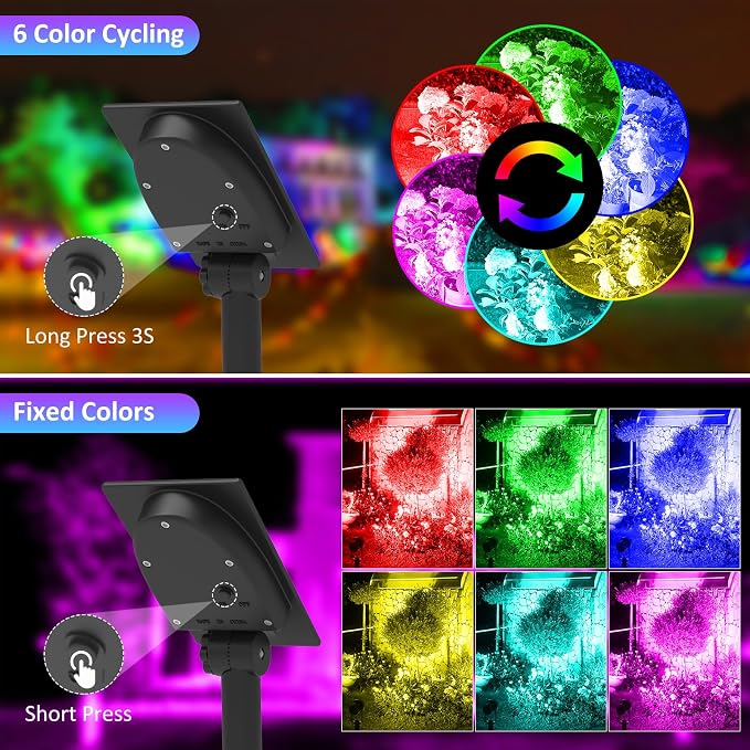T-SUNUS Halloween Color Changing Solar Landscape Spotlights 2 Pack, IP65 Waterproof Christmas Lights 9.8ft Cable, Outdoor RGB Spot Light Separated Panel for Flag Tree Yard Garden Driveway Walkway Pond