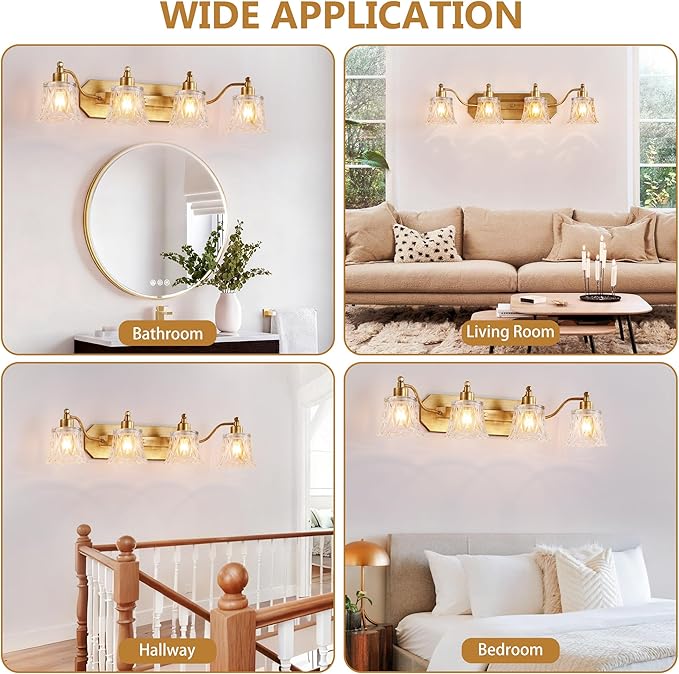 Gold Bathroom Light Fixture, 4 Light Brass Vintage Vanity Light, Antique Gold Finish with Crystal Glass Shade, Antique Brushed Gold Vanity Lights for Bathroom/Bedroom/Hallway