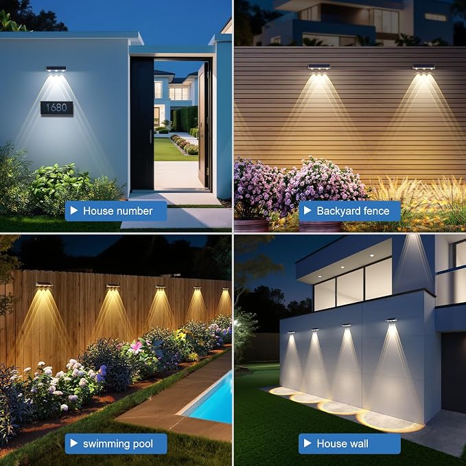 YiLaie Solar Fence Lights Outdoor with IP67 Waterproof, 3 Modes & Dusk to Dawn Auto ON/Off Solar Power Wall Mount Solar Lights for Outside Fence Wall Deck Gate (4 Pack)