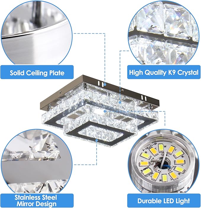 Dimmable Crystal LED Flush Mount Ceiling Light, 11.8"×9.1" Rectangular Close to Ceiling Chandelier, 24W K9 Crystal & Stainless Steel, Remote & App Control, 2700–6500K CCT for Bedroom Living Room