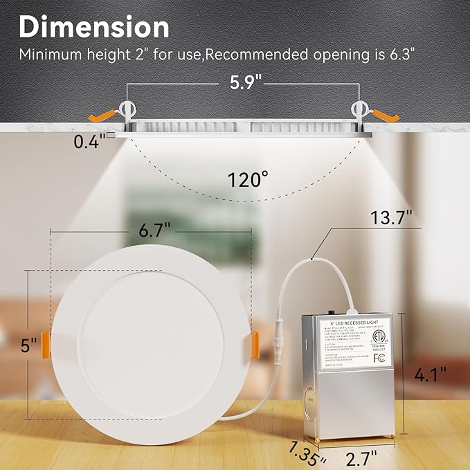 CHARKEE 12 Pack 6 Inch 5CCT Ultra-Thin LED Recessed Ceiling Light with Junction Box, 2700K/3000K/3500K/4000K/5000K, 1050LM, 12W Equivalent to110W, Dimmable Canless Downlights, ETL & Energy Star & FCC