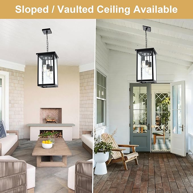 TODOLUZ 3-Lights Large Outdoor Pendant Light, Black Porch Ceiling Lighting Fixtures with Seeded Glass Panel, Exterior Hanging Lantern Adjustable Chain for Yard Entryway Patio
